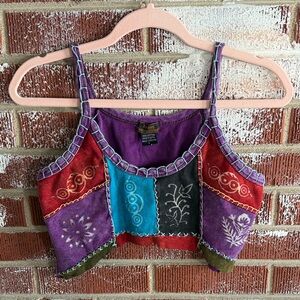 VTG Rising Int. Embroidered Patchwork Crop Top SZ L Hippie Boho Festival